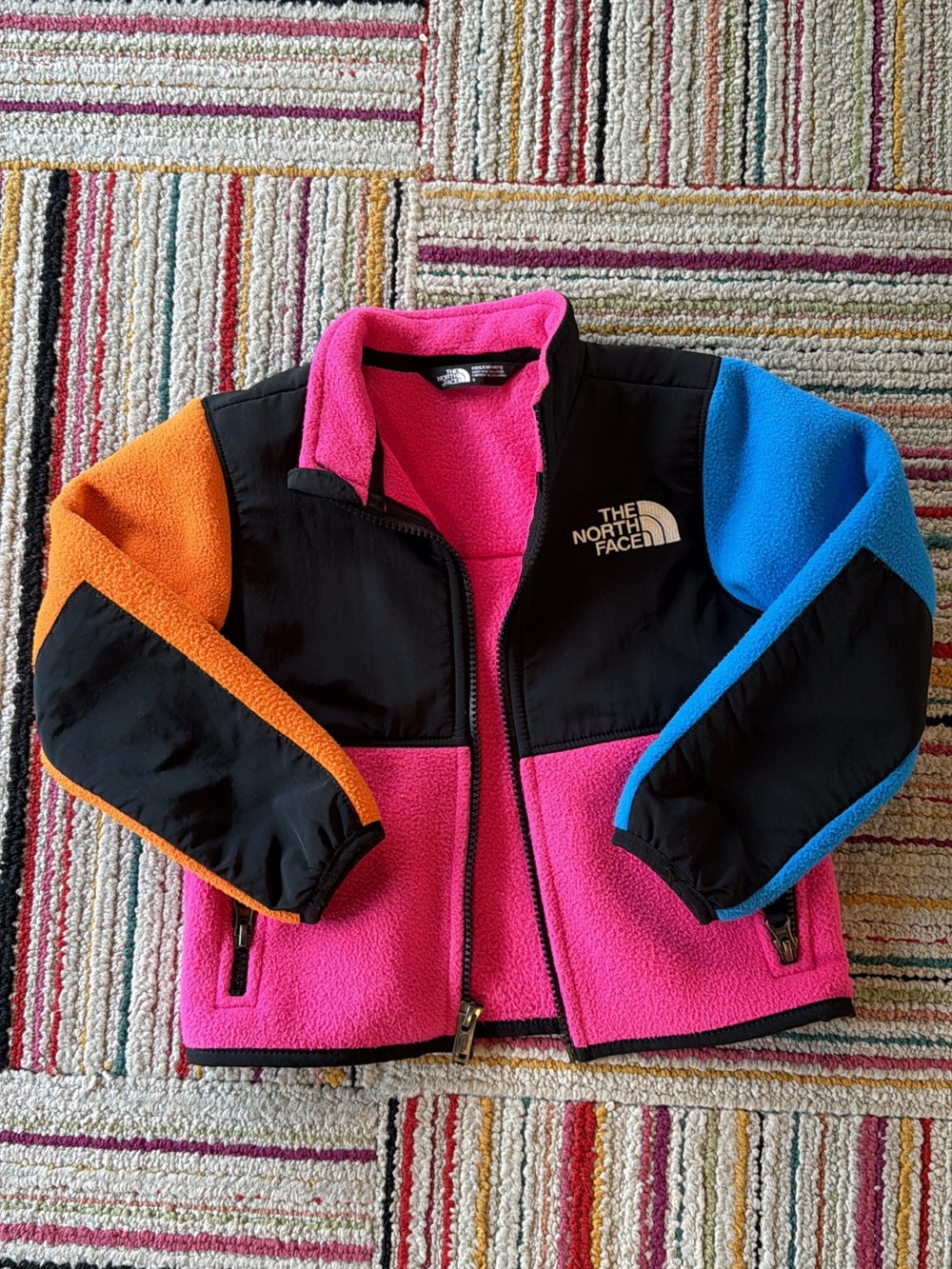 The north face toddler 3T fleece Denali zip up color block pink orange blue